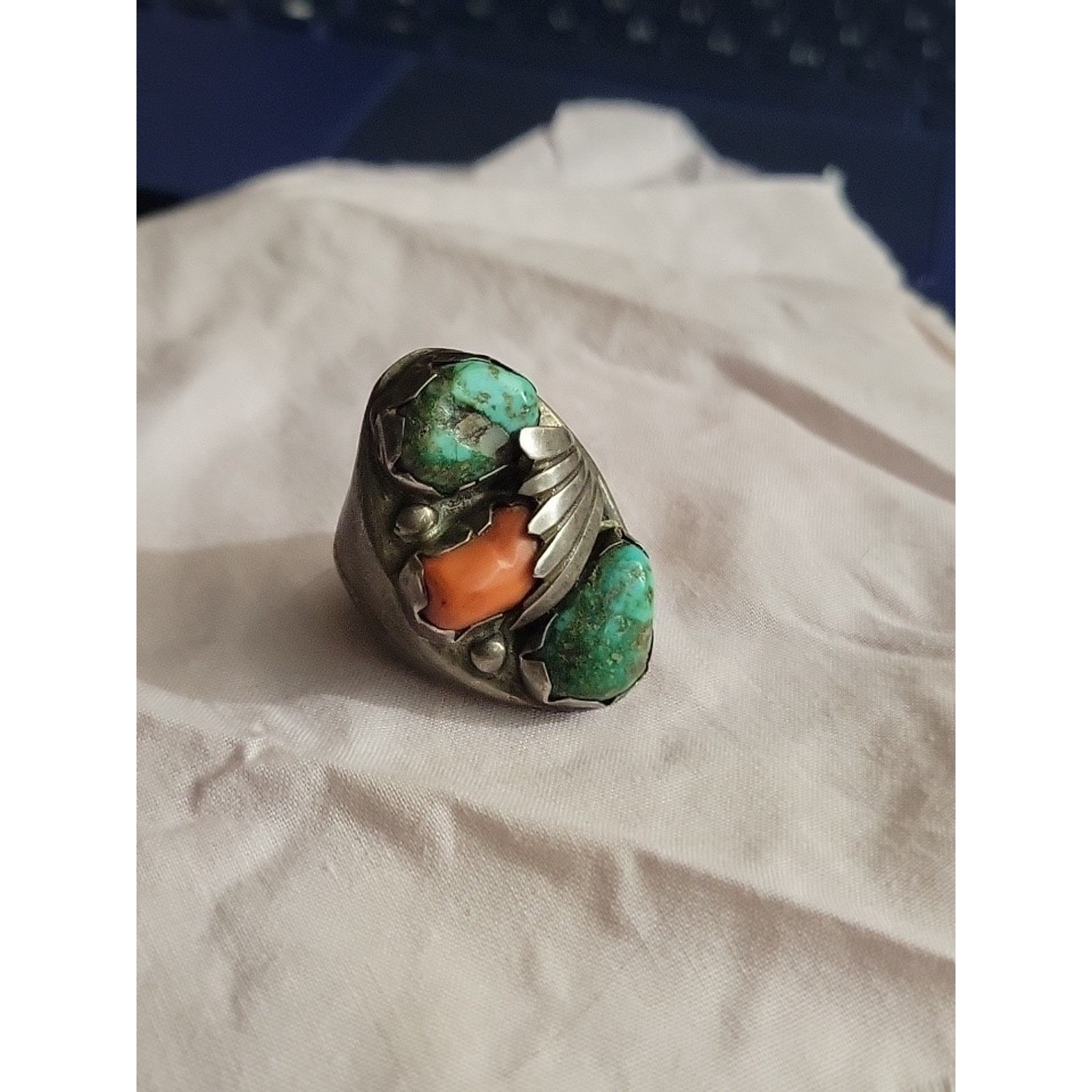Vintage Turquoise & Coral Large Heavy Silver Ring Vintage Unmarked